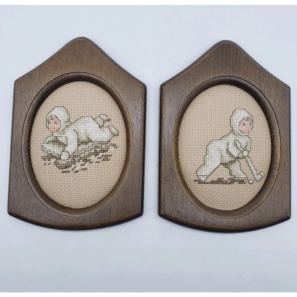 VTG Set OF 2 Unique Shaped Wood Framed Handmade Cross Stitch‎ Snow Babies